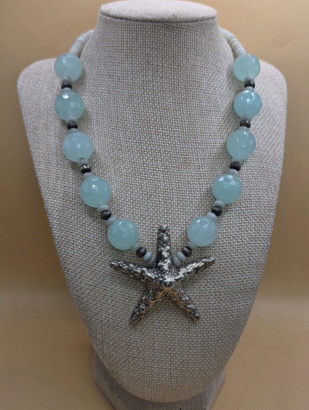 Faceted Aqua Bead Necklace with Silver Starfish Pendant